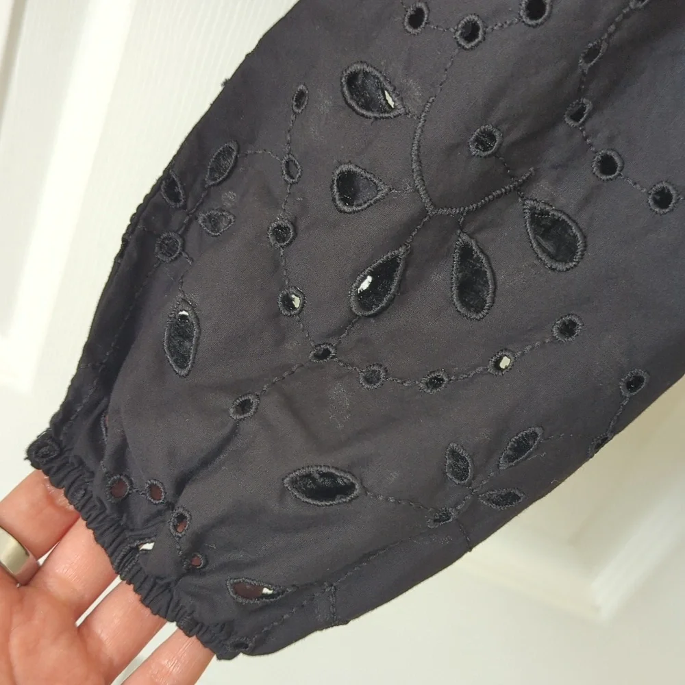 Express Bohemian Eyelet Embroidered Long Sleeve Tie Front Cropped Blouse Black S - Picture 9 of 12